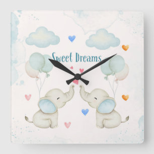 Sweet Dreams Baby Elephant Nursery Square Wall Clock