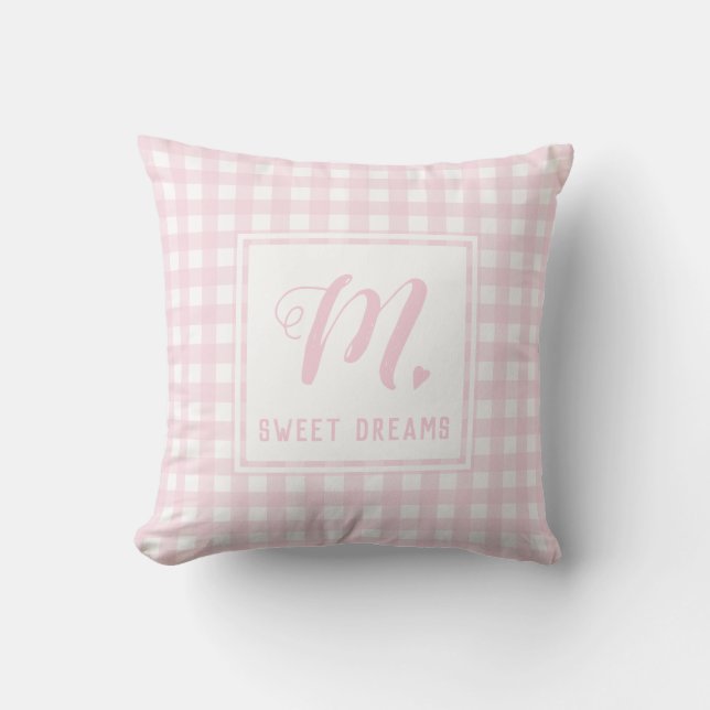 Sweet Dreams Baby Pink Medium Gingham Monogram Cushion (Front)
