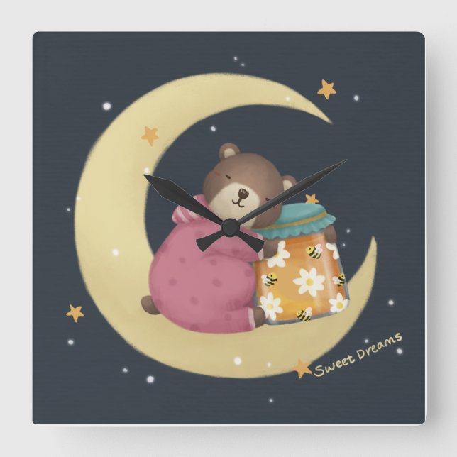 Sweet Dreams: Bear & Honey Illustration Square Wall Clock (Front)