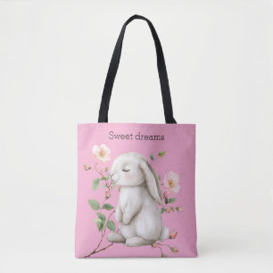 Sweet Dreams Bunny Rabbit Roses Pink Floral Tote Bag