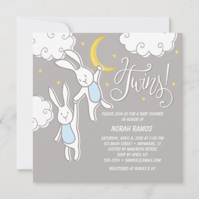 "Sweet Dreams Bunny" Twins Baby Shower Invitation (Front)