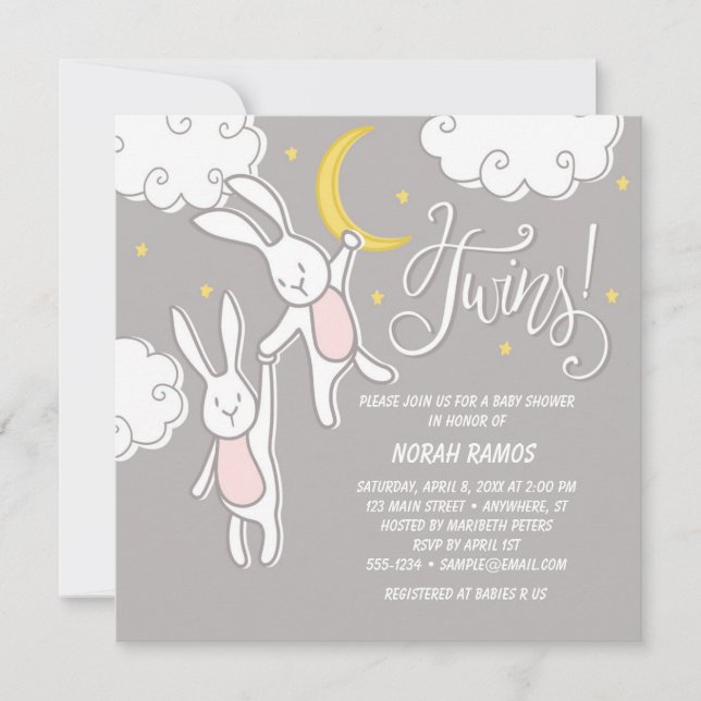 "Sweet Dreams Bunny" Twins Baby Shower Invitation (Front)