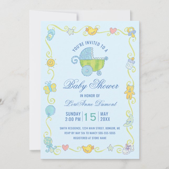 Sweet Dreams Carriage Blue Baby Shower Invitation (Front)