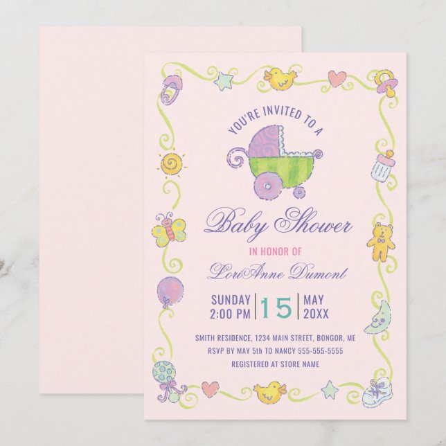 Sweet Dreams Carriage Pink Baby Shower Invitation (Front/Back)