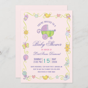 Sweet Dreams Carriage Pink Baby Shower Invitation