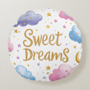  Sweet Dreams - Cute Clouds and Stars Illustration Round Cushion
