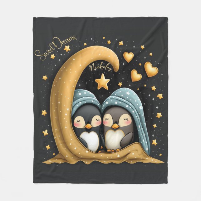 Sweet Dreams Cute Design Penguin Personalised Name Fleece Blanket (Front)