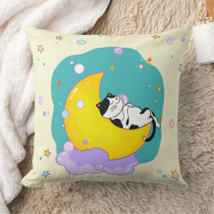 Sweet Dreams Cute Tuxedo Kitty Sleeping On Moon Cushion