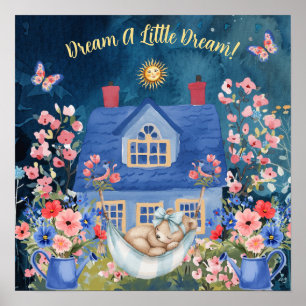 Sweet Dreams Floral Baby Bear & Birds Nursery Poster