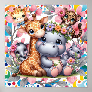Sweet Dreams Floral Baby Jungle Animals Nursery Poster