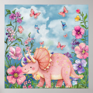 Sweet Dreams Floral Pink Rhino Nursery Poster