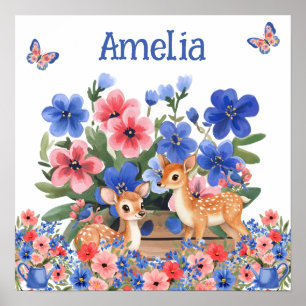Sweet Dreams Floral Reindeer & Birds Child's Name  Poster