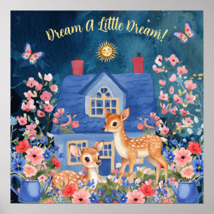 Sweet Dreams Floral Reindeer & Birds Nursery Poster