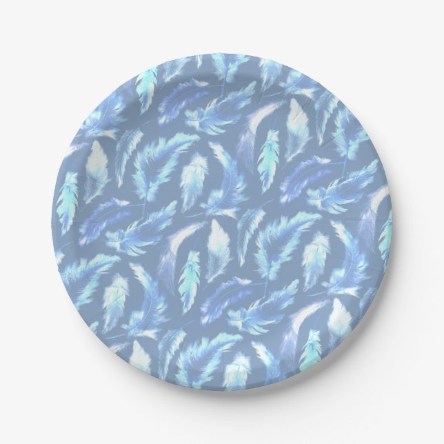 sweet dreams - light blue watercolor feathers : paper plate (Front)