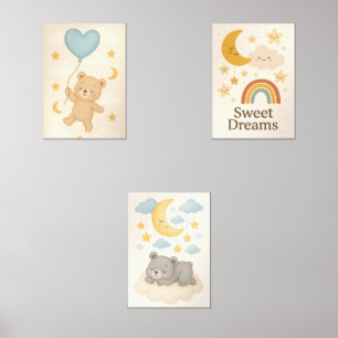 Sweet Dreams Nursery Wall Art Set – Moon, Bear 