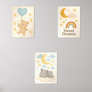 Sweet Dreams Nursery Wall Art Set – Moon, Bear
