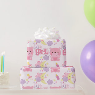 Sweet Dreams Pink It's a Girl Clouds & Moon Wrapping Paper