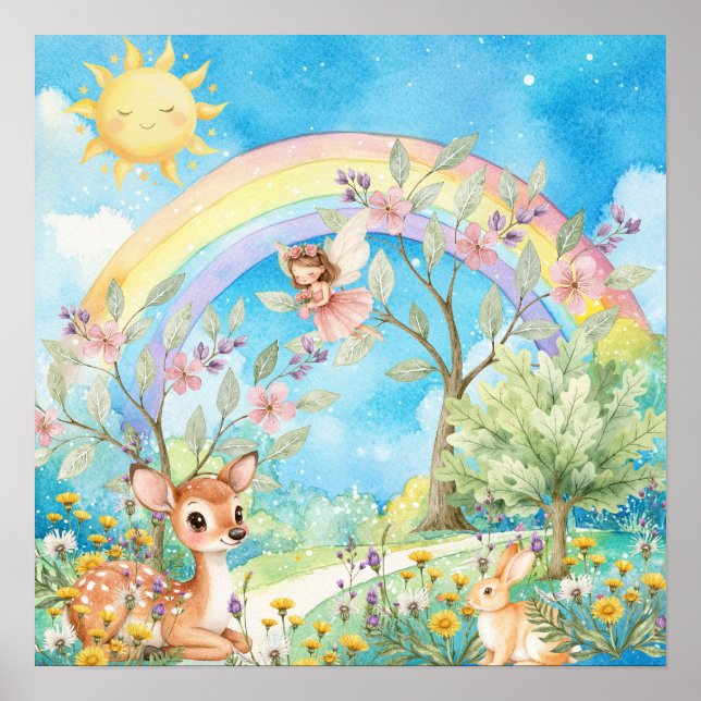 Sweet Dreams Rainbow Deer & Rabbit Nursery  Poster (Front)