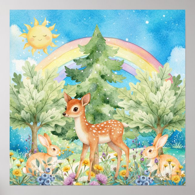 Sweet Dreams Rainbow Deer & Rabbits Nursery  Poster (Front)