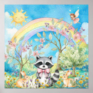 Sweet Dreams Rainbow Raccoon & Rabbits Nursery Poster