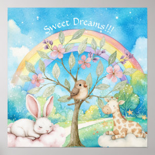 Sweet Dreams Rainbow Sleepy Animals Nursery Poster