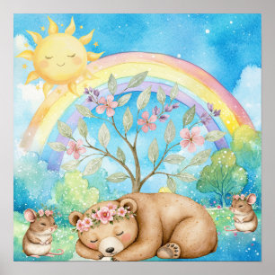 Sweet Dreams Rainbow Sleepy Bear & Mice Nursery Poster