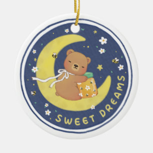 Sweet Dreams: Teddy Bear & Honey Illustration Ceramic Ornament
