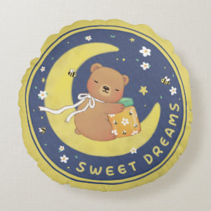 Sweet Dreams: Teddy Bear & Honey Illustration Round Cushion