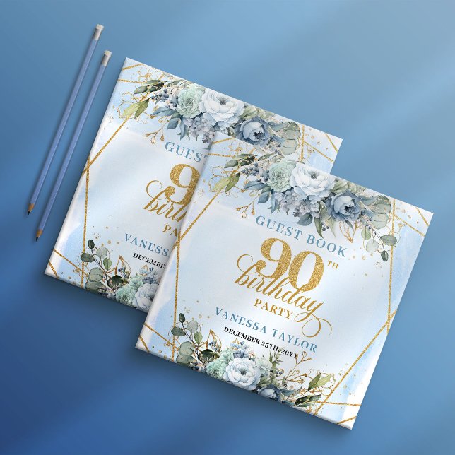 Sweet Dusty Blue Floral Frame 90Birthday Sign In Guest Book (Sweet Dusty Blue Floral Frame 90th Birthday Sign In Guest Book

)