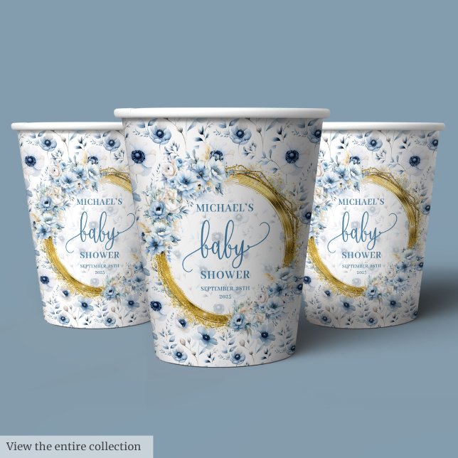 Sweet dusty blue flowers gold baby shower custom paper cups (Sweet dusty blue flowers gold baby shower custom Paper Cups)