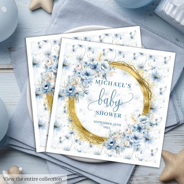 Sweet dusty blue flowers gold boy baby shower  napkin (Sweet dusty blue flowers gold boy baby shower Paper Dinner Napkins)