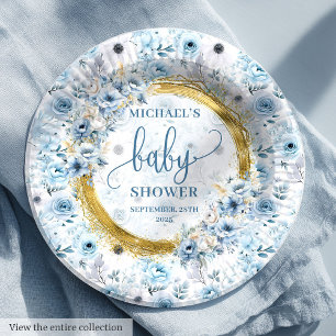 Sweet dusty blue flowers gold personalized shower paper plate