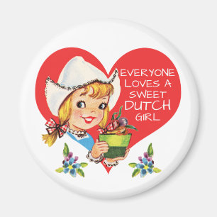 Sweet Dutch Girl Vintage Tulips Meisje & Heart Magnet