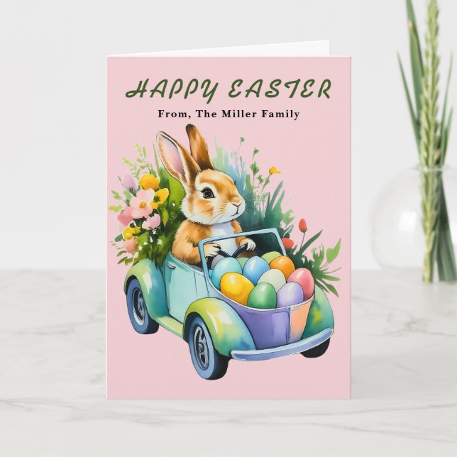 Sweet Easter Bunny Driving Eggs Greeting Card (Front)