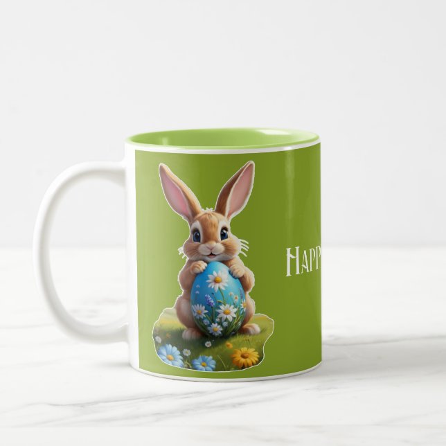Sweet Easter Bunny with Easter egg. Two-Tone Coffee Mug (Left)