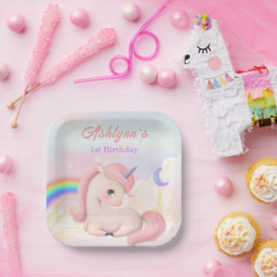 Sweet Elegant Cute Pink Watercolour Unicorn square Paper Plate