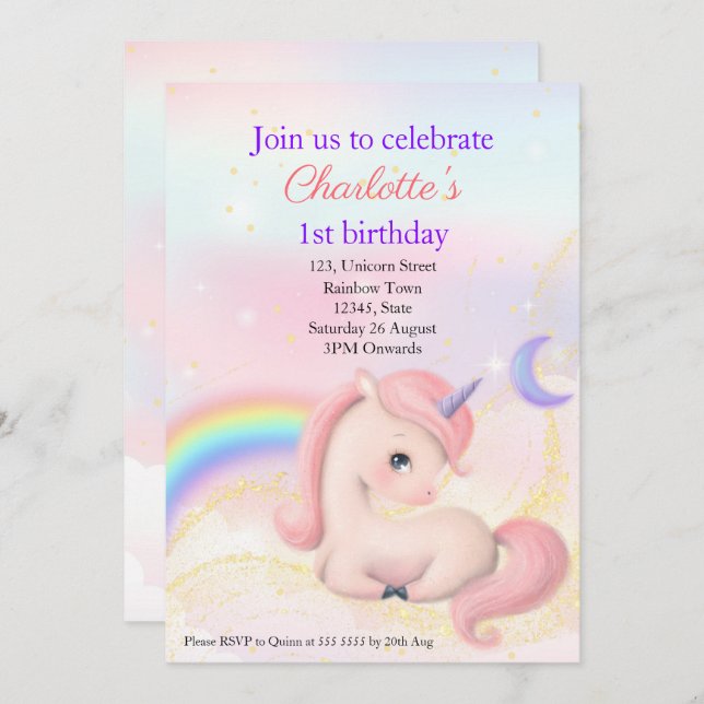 Sweet Elegant Pink Watercolour Unicorn Invitation (Front/Back)