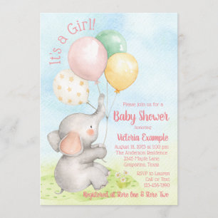 Sweet Elephant Baby Girl Shower Invitations