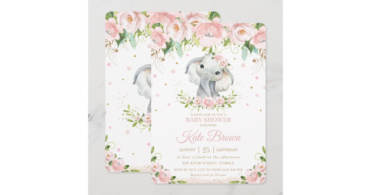 Sweet Elephant Blush Pink Floral Gold Baby Shower Invitation | Zazzle