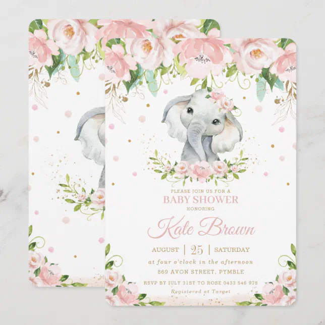 Sweet Elephant Blush Pink Floral Gold Baby Shower Invitation | Zazzle