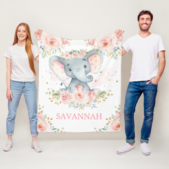 Sweet Elephant Blush Pink Floral Jungle Baby Girl Fleece Blanket (In Situ)