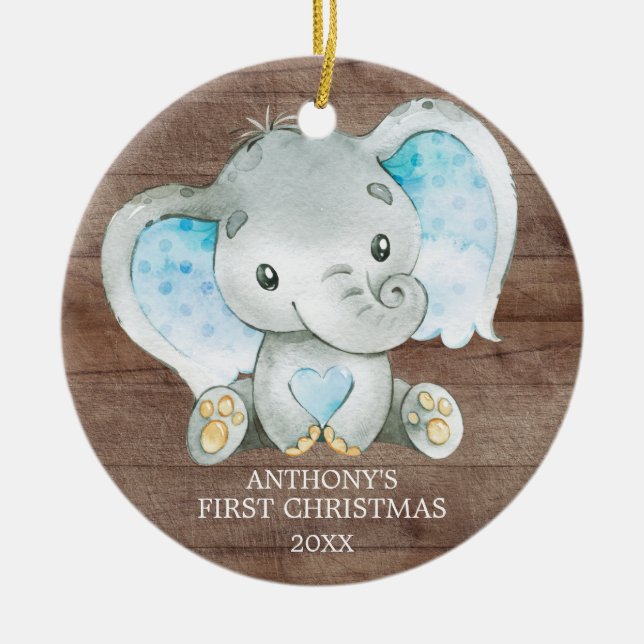 Sweet Elephant Boy Baby's First Christmas Ornament (Front)