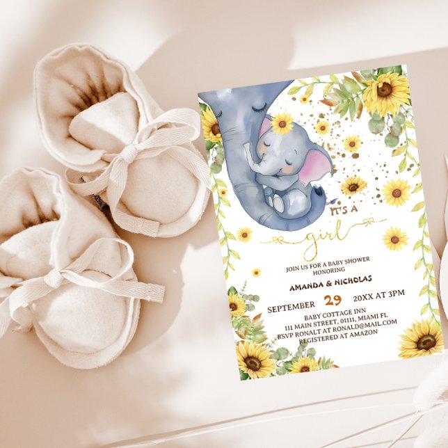 Sweet Elephant Cute Floral Baby Girl Shower Invitation (Creator Uploaded)