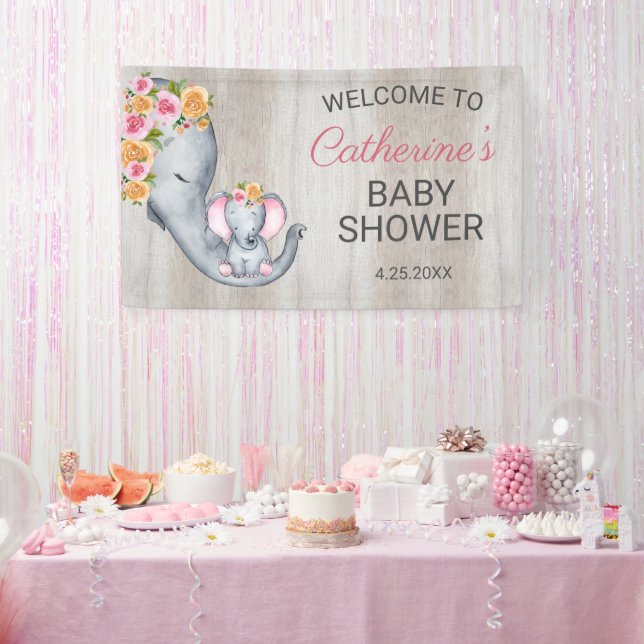 Sweet Elephant Floral Girl Baby Shower Welcome Banner (Party)