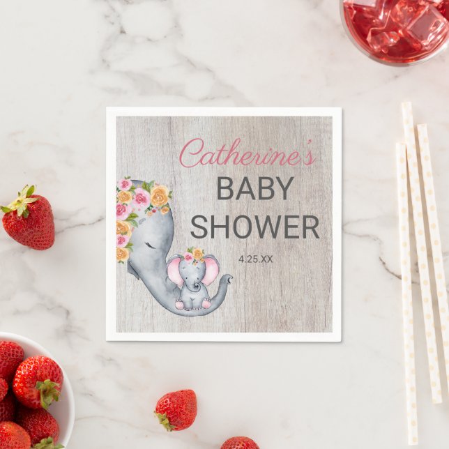 Sweet Elephant Floral Girl Rustic Baby Shower Napkin (Insitu)