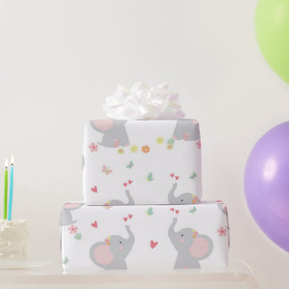 Sweet Elephants Hearts Baby Girl Wrapping Paper