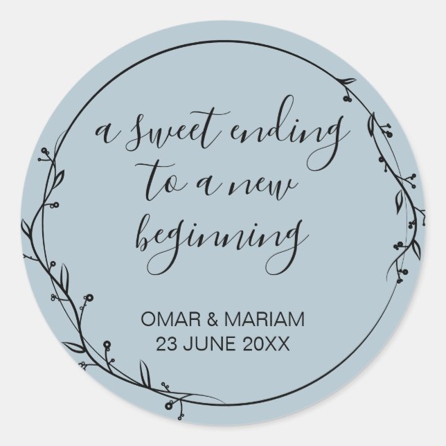 Sweet Ending New Beginning Dusty Blue Wedding Classic Round Sticker (Front)