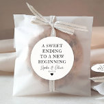 SWEET ENDING NEW BEGINNING Heart Wedding Favour Classic Round Sticker<br><div class="desc">A Classic Black Thank You Wedding Sticker featuring "A Sweet Ending to a New Beginning" in a classic modern elegant font. 
You can easily personalised it with your names and wedding date.</div>