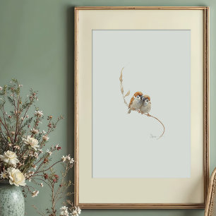 Sweet Eurasian Tree Sparrow Pair Watercolor Art Poster