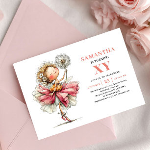 Sweet Fairy Girl 4th Birthday Pink Floral invite